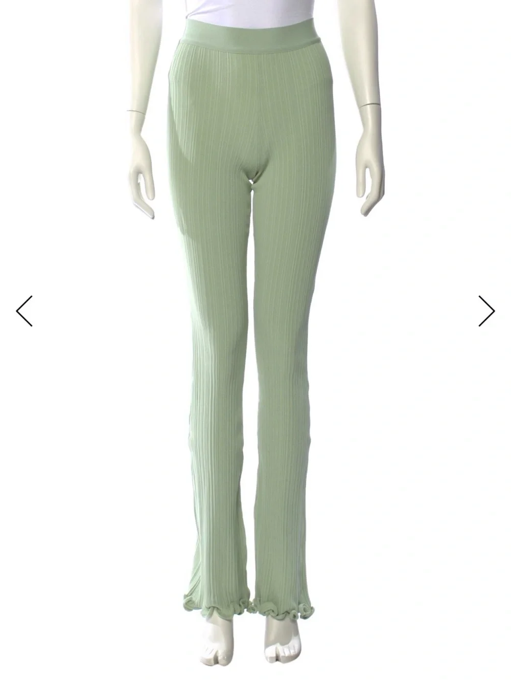Hervé Léger Sage Green Pleated Flare Pants Ribbed Ruffle Hem